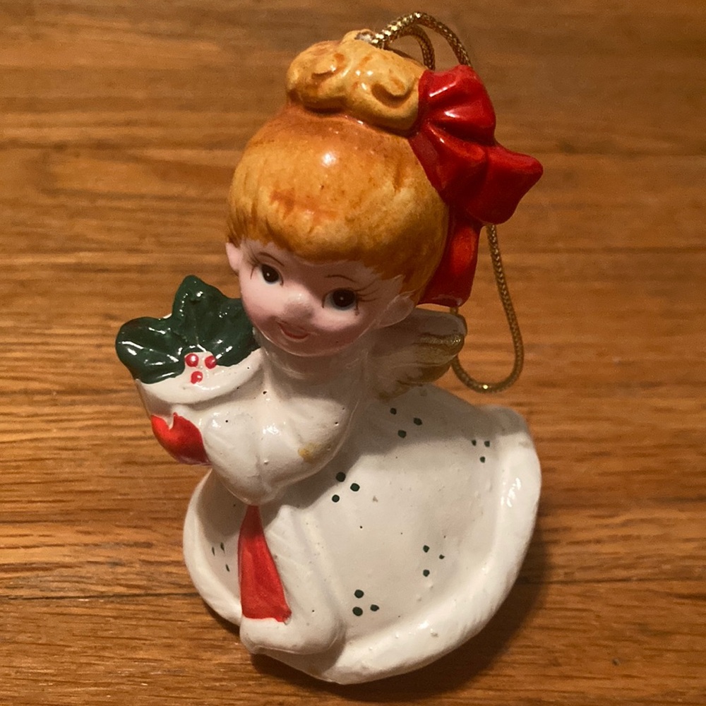 Christmas Vintage Ceramic Girl Holding Present Hanging Ornament Pre Owned